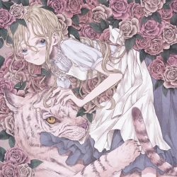 Rule 34 | 1girl, blue eyes, blush, colored sclera, dress, feet out of frame, flower, highres, leaf, looking at viewer, momo walnut, original, pink flower, pink rose, rose, short sleeves, solo, tiger, white dress, white tiger, yellow sclera