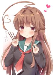 Rule 34 | 10s, 1girl, ahoge, alternate costume, bad id, bad twitter id, black sweater, breasts, brown eyes, brown hair, eyebrows, eyes visible through hair, food, heart, heart ahoge, kantai collection, kuma (kancolle), licking lips, long hair, long sleeves, looking at viewer, masayo (gin no ame), matching hair/eyes, necktie, pocky, shirt, simple background, small breasts, smile, solo, sweater, text focus, tongue, tongue out, translated, white background
