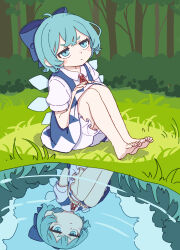 Rule 34 | 1girl, absurdres, barefoot, bloomers, blue bow, blue dress, blue eyes, blue hair, blush stickers, bow, cirno, closed mouth, collared shirt, dress, fairy, hair bow, highres, ice, ice wings, kame (kamepan44231), outdoors, pond, reflection, reflective water, shirt, short hair, short sleeves, sitting, solo, touhou, tree, underwear, water, white bloomers, white shirt, wings