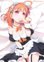 Rule 34 | 1girl, ahoge, apron, bad id, bad pixiv id, bed sheet, between legs, bow, bowtie, breasts, cleavage, commentary request, covering own mouth, detached collar, earrings, frilled apron, frilled cuffs, frills, garter straps, hair bow, hand between legs, hand to own mouth, heart, heart ahoge, heart earrings, jewelry, kitahara tomoe (kitahara koubou), looking at viewer, love live!, love live! school idol festival, love live! sunshine!!, lying, maid, maid headdress, medium breasts, on back, orange bow, orange bowtie, orange hair, pillow, red eyes, sash, solo, takami chika, twitter username, waist apron, wrist cuffs, yellow bow