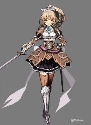 Rule 34 | 10s, 1girl, alternate costume, alternate weapon, armor, armored boots, belt, blonde hair, blue eyes, boots, crossed legs, fantasy, flower, full body, grey background, holding, holding sword, holding weapon, kantai collection, kumano (kancolle), light brown hair, looking at viewer, ponytail, simple background, smile, solo, standing, sumisu (mondo), sword, tan, thighhighs, twitter username, watson cross, weapon