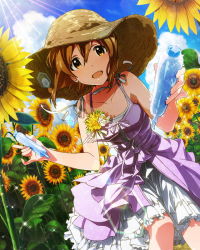 Rule 34 | 10s, 1girl, :d, brown eyes, brown hair, day, dress, dutch angle, female focus, flower, hagiwara yukiho, hat, idolmaster, idolmaster (classic), idolmaster million live!, kawakami tetsuya, looking at viewer, official art, open mouth, sky, smile, solo, sun hat, sundress, sunflower