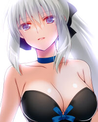 Rule 34 | 1girl, black bow, blue eyes, bow, braid, breasts, cleavage, dress, engo (aquawatery), fate/grand order, fate (series), french braid, grey hair, hair bow, highres, large breasts, long hair, looking at viewer, morgan le fay (fate), ponytail, sidelocks, solo, very long hair