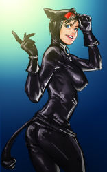 Rule 34 | 1girl, animification, batman (series), blue background, catwoman, cowboy shot, dc comics, gloves, goggles, goggles on head, latex, over shoulder, sketch, solo, tail, take (draghignazzo)
