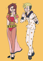 Rule 34 | 1boy, 1girl, blue eyes, brown hair, couple, covering own mouth, cracked skin, drawing on own face, facial mark, green hair, higashikata jobin, higashikata mitsuba, highres, husband and wife, jewelry, jojo no kimyou na bouken, jojolion, marker, notice lines, pointing, pointing at self, ring, spikes, swampland, wedding ring, yellow background