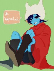 Rule 34 | 1girl, animal hat, black eyes, black shorts, blue hair, blue skin, boots, colored skin, green background, hat, highres, hylics, kanten pan, knee boots, looking at viewer, red robe, robe, shorts, simple background, sitting, solo, somsnosa, speech bubble, white hat