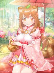 Rule 34 | 1girl, animal ears, bamboo, blush stickers, breasts, brown eyes, brown hair, day, ebisque, floral print, flower, head tilt, holding, japanese clothes, leaf, leaf on head, long hair, long sleeves, matching hair/eyes, medium breasts, official art, oil-paper umbrella, open mouth, outdoors, seiza, sitting, solo, sparkle, tail, teapot, tree, umbrella, valhalla valkyries, watermark