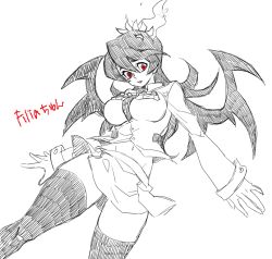 Rule 34 | 1girl, artist request, character name, filia (skullgirls), greyscale, long hair, monochrome, monocrome, necktie, pink lips, pleated skirt, red eyes, samson (skullgirls), school uniform, skirt, skullgirls, solo, spot color, thighhighs, tongue, tongue out