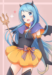 Rule 34 | 10s, 1girl, :d, bat wings, blue eyes, blue hair, blush, breasts, capelet, collar, commentary request, cowboy shot, demon horns, dress, elbow gloves, eyebrows, fake horns, fang, frilled gloves, frills, gloves, gradient hair, halloween, halloween costume, highres, holding, horns, kantai collection, long hair, looking at viewer, matching hair/eyes, multicolored hair, nanairo fuuka, neck ribbon, open mouth, pink background, polearm, red ribbon, ribbon, samidare (kancolle), small breasts, smile, solo, star (symbol), swept bangs, thighhighs, trident, very long hair, weapon, wings, zettai ryouiki