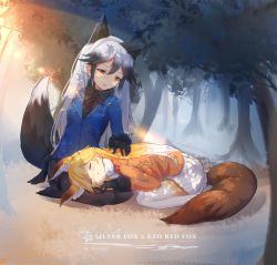 Rule 34 | 10s, 2girls, animal ears, black gloves, black hair, black neckwear, black pantyhose, black skirt, blonde hair, blue jacket, bow, bowtie, buttons, character name, closed eyes, dappled sunlight, extra ears, ezo red fox (kemono friends), fox ears, fox tail, fur trim, gloves, hair between eyes, half-closed eyes, hand on another&#039;s back, highres, jacket, kemono friends, lap pillow, long hair, long sleeves, looking at another, miniskirt, multicolored hair, multiple girls, necktie, on ground, orange eyes, orange jacket, outdoors, pantyhose, pleated skirt, scientific name, seiza, silver fox (kemono friends), sitting, skirt, sleeping, sunlight, tail, tree, very long hair, white hair, white legwear, white skirt, yudough