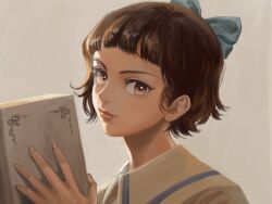 Rule 34 | 1girl, blue bow, blunt bangs, book, bow, brown eyes, brown hair, closed mouth, eyelashes, grey background, hair bow, hand up, holding, holding book, houshou kagari, lips, looking at viewer, mao (takahashi rumiko), portrait, simple background, smile, snr snr, solo