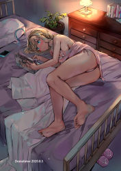 Rule 34 | 1girl, ass, bare arms, bare legs, bare shoulders, barefoot, blonde hair, blue eyes, blue hairband, blush, breasts, cellphone, cleavage, closed mouth, commentary request, dema hmw, dress, girls&#039; frontline, hairband, unworn hairband, highres, large breasts, lying, nose blush, on bed, on side, phone, pillow, pink dress, pink footwear, plant, potted plant, sideboob, sleeveless, sleeveless dress, slippers, soles, solo, strap slip, suomi (girls&#039; frontline)