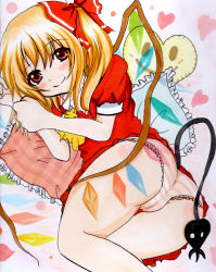 Rule 34 | 1girl, alternate hairstyle, ass, blonde hair, blush, cameltoe, flandre scarlet, gradient background, hair ribbon, heart, highres, laevatein, marker (medium), natumoro, no headwear, no pants, panties, pillow, ponytail, red eyes, ribbon, short sleeves, smile, striped clothes, striped panties, tail, touhou, traditional media, underwear, wings