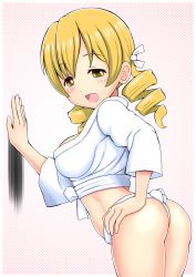 Rule 34 | 10s, 1girl, :d, arched back, ass, blonde hair, cowboy shot, drill hair, female focus, highres, looking at viewer, looking back, mahou shoujo madoka magica, open mouth, polka dot, polka dot background, qm, smile, solo, standing, tomoe mami, twin drills, yellow eyes