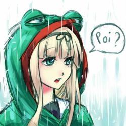 Rule 34 | 10s, 1girl, animal costume, blonde hair, boy&#039;s club, crossover, frog costume, green eyes, hair ribbon, kantai collection, kazucchi, long hair, md5 mismatch, meme, open mouth, pepe the frog, poi, rain, ribbon, yuudachi (kancolle)