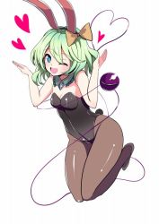 Rule 34 | 1girl, ;d, alternate costume, amisu, animal ears, bare shoulders, black pantyhose, blush, bow, breasts, cleavage, detached collar, eyeball, fake animal ears, full body, green eyes, green hair, hair bow, heart, heart of string, komeiji koishi, leotard, looking at viewer, matching hair/eyes, one eye closed, open mouth, pantyhose, playboy bunny, rabbit ears, rabbit tail, short hair, sleeveless, small breasts, smile, solo, tail, third eye, touhou, white background, yellow bow