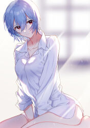 Rule 34 | 1girl, ayanami rei, bare legs, between legs, blue hair, blurry, blurry background, closed mouth, collarbone, collared shirt, dress shirt, hair between eyes, hand between legs, highres, long sleeves, looking at viewer, naked shirt, neon genesis evangelion, red eyes, shirt, short hair, sitting, solo, wariza, white shirt, wing collar, yoshio 296