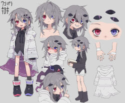 Rule 34 | androgynous, bags under eyes, bismaki, black footwear, character name, character sheet, closed mouth, crazy eyes, creature, grey background, grey hair, highres, hood, hoodie, looking at viewer, open mouth, pointing, shaded face, sharp teeth, simple background, standing, teeth, topless, white hoodie