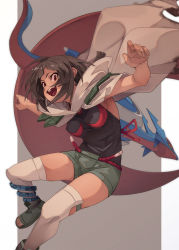 Rule 34 | 1girl, anklet, belt, black shirt, boots, breasts, brown hair, cloak, commentary request, creatures (company), floating cape, fu-ta, game freak, gen 3 pokemon, green footwear, green shorts, grey thighhighs, hands up, highres, jewelry, long hair, nintendo, open mouth, pokemon, pokemon (creature), pokemon oras, red belt, red eyes, red ribbon, ribbon, rope belt, salamence, shirt, short shorts, shorts, teeth, thighhighs, toeless footwear, toes, tongue, upper teeth only, zinnia (pokemon)