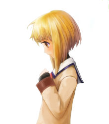 Rule 34 | 1girl, blonde hair, bob cut, brown eyes, from side, fruits basket, hand up, highres, ikara, long sleeves, looking to the side, profile, school uniform, short hair, simple background, solo, souma kisa, upper body, white background