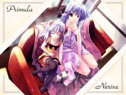 Rule 34 | 00s, 2girls, blue hair, buttons, character name, couch, dress, closed eyes, from above, indoors, long hair, looking at viewer, looking up, minamino kanata, multiple girls, nerine, on couch, pointy ears, primula, red eyes, shuffle!, silver hair, sleeping, sleeping upright, stuffed animal, stuffed toy, sunlight, thighhighs, wallpaper, white dress, window