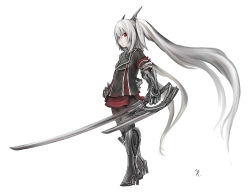 Rule 34 | 1girl, akaitera, albino, armor, bad id, bad pixiv id, gauntlets, greaves, hair ornament, highres, long hair, military, military uniform, original, pantyhose, recel tinker, red eyes, solo, sword, twintails, uniform, weapon, white hair