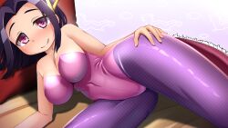Rule 34 | 1girl, :q, alternate costume, bare shoulders, blush, breasts, covered navel, dragon horns, fake horns, fake tail, fishnet pantyhose, fishnets, hair intakes, hand on own hip, highres, horns, kantai collection, large breasts, leotard, looking at viewer, lying, medium hair, narashika asuka, nontraditional playboy bunny, on side, pantyhose, pink eyes, pink leotard, purple hair, purple pantyhose, shiny clothes, smile, solo, strapless, strapless leotard, tail, tatsuta (kancolle), tongue, tongue out