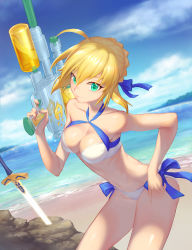 Rule 34 | 1girl, absurdres, ahoge, artoria pendragon (all), artoria pendragon (fate), artoria pendragon (swimsuit archer) (fate), artoria pendragon (swimsuit archer) (first ascension) (fate), ba xiao, bare shoulders, beach, bikini, blonde hair, blue bow, bow, breasts, cleavage, cloud, collarbone, criss-cross halter, day, dutch angle, excalibur (fate/stay night), fate/grand order, fate/stay night, fate (series), finger on trigger, green eyes, gun, hair between eyes, hair bow, hair ribbon, halterneck, hand on own hip, highres, holding, holding gun, holding weapon, index finger raised, leaning forward, medium breasts, multicolored bikini, multicolored clothes, navel, ocean, outdoors, planted, planted sword, planted weapon, ribbon, rock, saber (fate), shiny skin, short hair, sky, smile, solo, strapless, strapless bikini, sunlight, super soaker, swimsuit, sword, water gun, weapon, white bikini