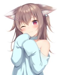 Rule 34 | 1girl, :3, amashiro natsuki, animal ears, bad id, bad pixiv id, blush, brown hair, choker, closed mouth, commentary request, detached sleeves, hair between eyes, hair ornament, hairclip, highres, long hair, looking at viewer, one eye closed, original, red eyes, simple background, sleeves past fingers, sleeves past wrists, solo, upper body, white background