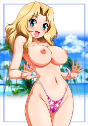 Rule 34 | 10s, 1girl, :d, beach, bikini, blonde hair, blue eyes, blush, border, breasts, cameltoe, cleft of venus, clothes lift, collarbone, female focus, girls und panzer, groin, happy, highres, hip focus, kay (girls und panzer), large breasts, long hair, looking at viewer, navel, nipples, ocean, open mouth, palm tree, palms, pink bikini, self wedgie, shiny skin, smile, solo, star (symbol), star print, swimsuit, swimsuit lift, tanuki yousuke, thighs, topfreedom, tree, wedgie