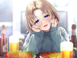 Rule 34 | 1girl, :d, alcohol, beer, beer bottle, beer mug, blue eyes, blurry, blurry background, blush, brown hair, commentary request, cup, depth of field, fang, food, grey sweater, hasumi (hasubatake39), head tilt, highres, long sleeves, looking at viewer, mug, nose blush, open mouth, original, parted bangs, ribbed sweater, sleeves past wrists, smile, solo, sweater, turtleneck, turtleneck sweater, upper body