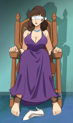 Rule 34 | absurdres, barefoot, bdsm, blindfold, bondage, bound, bound ankles, bound wrists, breasts, brown hair, cleavage, dress, earrings, highres, jewelry, large breasts, lost one zero, lupin iii, mine fujiko, purple dress, tied to chair
