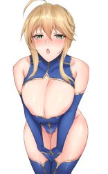 Rule 34 | 1girl, ahoge, artoria pendragon (fate), artoria pendragon (lancer) (fate), blonde hair, blue thighhighs, blush, braid, breasts, cleavage, cleavage cutout, clothing cutout, collarbone, crimecrime, fate/grand order, fate (series), french braid, green eyes, hair between eyes, heattech leotard, highres, large breasts, leaning forward, leotard, long hair, looking at viewer, mature female, open mouth, simple background, solo, thighhighs, thighs, turtleneck, white background