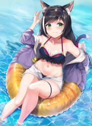 Rule 34 | 1girl, absurdres, animal ear fluff, animal ears, arm up, bare legs, bare shoulders, bikini, black bikini, black hair, breasts, cat ears, cat girl, cat tail, caustics, collarbone, eyewear on head, frilled bikini, frills, green eyes, halterneck, highres, innertube, jacket, karyl (princess connect!), karyl (summer) (princess connect!), long hair, long sleeves, looking at viewer, medium breasts, multicolored hair, navel, off shoulder, open clothes, open fly, open jacket, princess connect!, purple jacket, rama (yu-light8), short shorts, shorts, smile, solo, stomach, streaked hair, sunglasses, swim ring, swimsuit, tail, thigh strap, water, white shorts