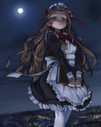 Rule 34 | 1girl, apron, black dress, blush, book, bow, bowtie, brown eyes, brown hair, dress, feet out of frame, frilled apron, frilled dress, frills, highres, holding, holding book, long hair, long sleeves, maid, maid apron, maid headdress, moon, night, night sky, original, outdoors, pantyhose, red bow, red bowtie, rinotuna, sky, solo, star (sky), starry sky, very long hair, white pantyhose
