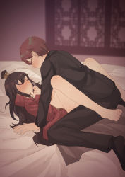 Rule 34 | 1boy, 1girl, bed sheet, black hair, black pants, black shirt, blouse, blush, brown hair, closed mouth, eye contact, hair between eyes, hair ornament, hetero, library of ruina, long hair, looking at another, lowell (project moon), lying, missionary, nervous, on back, open clothes, open robe, pants, project moon, red eyes, red robe, robe, shirt, spread legs, sweat, tkh6, xiao (project moon)