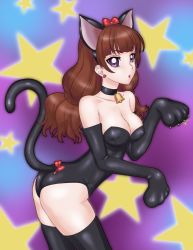 Rule 34 | 1girl, :o, amanogawa kirara, animal costume, animal ears, ass, bell, black thighhighs, blunt bangs, bow, breasts, brown hair, cat costume, cat ears, choker, claws, cleavage, collarbone, commentary request, earrings, elbow gloves, eyelashes, fake animal ears, fake tail, female focus, gloves, go! princess precure, jewelry, kittysuit, large breasts, leotard, neck bell, nontraditional playboy bunny, okiyumi kase, parted lips, paw pose, precure, purple eyes, solo, tail, thighhighs