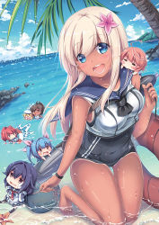Rule 34 | 10s, 6+girls, ahoge, bad id, bad pixiv id, bare arms, bare legs, bare shoulders, barefoot, beach, black legwear, blonde hair, blue eyes, blue hair, blue sky, blush, blush stickers, bomb, bracelet, brown eyes, brown hair, chibi, closed eyes, cloud, commentary request, covered navel, crop top, day, explosive, flower, glasses, hair flaps, hair flower, hair ornament, hair ribbon, hat, hibiscus, i-168 (kancolle), i-19 (kancolle), i-401 (kancolle), i-58 (kancolle), i-8 (kancolle), jewelry, kantai collection, kneeling, lifebuoy, long hair, looking at viewer, low twintails, mine (weapon), multiple girls, naval mine, neckerchief, ocean, one-piece swimsuit, one-piece tan, open mouth, outdoors, palm tree, pantyhose, partially submerged, pink hair, ponytail, purple hair, red eyes, red hair, ribbon, ro-500 (kancolle), sailor collar, sailor hat, sand, school swimsuit, school uniform, semi-rimless eyewear, serafuku, short hair, sitting, sky, smile, splashing, swim ring, swimsuit, swimsuit under clothes, taigei (kancolle), tan, tanline, tears, torn clothes, torn legwear, torpedo, tree, twintails, under-rim eyewear, vashaps2, wading, water, wet