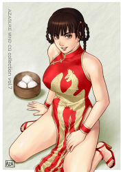Rule 34 | 1girl, arm support, azasuke, bamboo steamer, baozi, bare shoulders, bird, braid, breasts, brown eyes, brown hair, china dress, chinese clothes, cuffs, dead or alive, dim sum, dress, dumpling, earrings, female focus, food, grin, highres, jewelry, kneeling, lei fang, nail polish, palette swap, phoenix, print dress, sandals, side slit, smile, solo, tecmo, twin braids