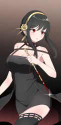 1girl absurdres bare_shoulders black_dress black_hair black_thighhighs blood bloody_weapon breasts cleavage cowboy_shot crossed_legs dagger dress earrings gold_earrings gold_hairband hairband highres holding holding_dagger holding_knife holding_weapon jewelry knife large_breasts long_hair looking_to_the_side parted_lips red_eyes sidelocks solo spy_x_family standing stiletto_(weapon) thighhighs two-sided_dress two-sided_fabric uihyeon_chae weapon yor_briar