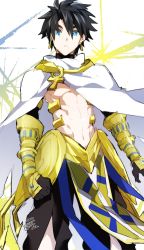 Rule 34 | 1boy, abs, ankh, armor, black hair, blue eyes, cape, cosplay, cowboy shot, earrings, fate/grand order, fate/prototype, fate/prototype: fragments of blue and silver, fate (series), faulds, fujimaru ritsuka (male), gauntlets, highres, jewelry, looking at viewer, loose clothes, male focus, minazaka, ozymandias (fate), ozymandias (fate) (cosplay), pelvic curtain, topless male, simple background, solo