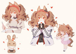 Rule 34 | 1girl, angelina (arknights), animal ears, arknights, black gloves, blush, brown hair, covering own mouth, gloves, hairband, heart, highres, letter, long hair, love letter, lyra-kotto, nail polish, orange eyes, rabbit, red nails, school uniform, smile, tail, twintails, writing