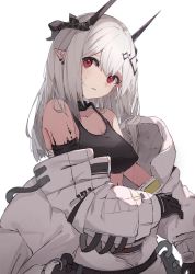 Rule 34 | 1girl, arknights, black choker, black collar, black shirt, black tank top, blouse, choker, collar, fujimaki nora, hair ornament, head tilt, highres, horns, infection monitor (arknights), material growth, mudrock (arknights), mudrock (elite ii) (arknights), oripathy lesion (arknights), pointy ears, red eyes, shirt, simple background, solo, sports bra, tank top, white background, white hair
