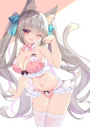 Rule 34 | 1girl, ;d, animal ear fluff, animal ears, bare arms, bare shoulders, blue bow, bow, bow bra, bow panties, bra, breasts, cat ears, cat girl, cat tail, cleavage, grey hair, hair bow, hand up, highres, large breasts, leaning forward, long hair, navel, one eye closed, open mouth, original, panties, paw pose, pink bra, pink panties, red eyes, rx7649, smile, solo, tail, thigh gap, thighhighs, twintails, underwear, very long hair, white thighhighs
