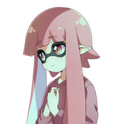 Rule 34 | 1girl, closed mouth, domino mask, dot nose, hand on own chest, inkling, inkling girl, inkling player character, long sleeves, mask, namori, nintendo, pink eyes, pink hair, pink shirt, pointy ears, shirt, simple background, solo, splatoon (series), tentacle hair, upper body, white background