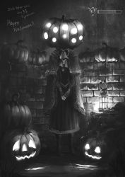 Rule 34 | 1girl, artist name, ascot, bloodborne, capelet, doll joints, dress, facing viewer, full body, glowing, greyscale, happy halloween, highres, jewelry, joints, lamp, monochrome, necklace, own hands together, plain doll, pumpkin, shoes, solo, standing, tripdancer
