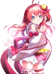 Rule 34 | 1girl, ahoge, angry, bell, bridal garter, cherry blossom print, closed mouth, fenrir (fenlil0316), floral print, frills, green eyes, hair bell, hair ornament, hairclip, highres, hololive, long hair, looking at viewer, petals, pink hair, sakura miko, sakura miko (1st costume), v-shaped eyebrows, virtual youtuber, white background, wide sleeves