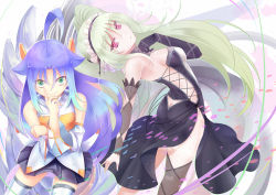 Rule 34 | 2girls, ahoge, arched back, ass cutout, choker, clothing cutout, dress, elbow gloves, gloves, gradient hair, green eyes, green hair, looking back, maid headdress, multicolored hair, multiple girls, original, purple hair, red eyes, skirt, sts, thighhighs