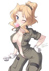Rule 34 | 1girl, blonde hair, blue eyes, blush, breasts, cleavage, covered erect nipples, girls und panzer, grey jumpsuit, hand on own hip, highres, jumpsuit, kay (girls und panzer), kuzuryuu kennosuke, large breasts, looking at viewer, navel, no bra, one eye closed, simple background, sleeves rolled up, solo, white background, wrench