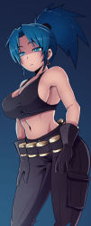 Rule 34 | 1girl, belt, black gloves, blue eyes, blue hair, blush, breasts, cargo pants, cleavage, crop top, emanuel aguilar, explosive, gloves, grenade, high ponytail, large breasts, leona heidern, long hair, matching hair/eyes, midriff, navel, pants, ponytail, shirt, sideboob, solo, tank top, taut clothes, taut shirt, the king of fighters